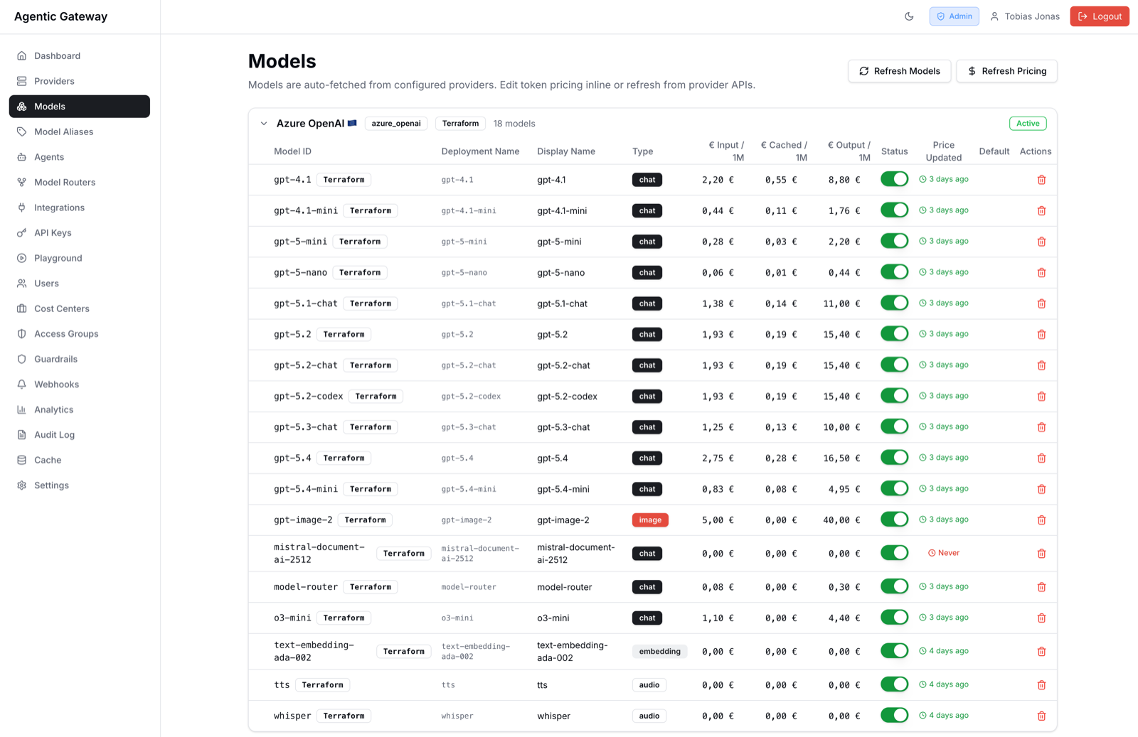 AI Gateway - Modellübersicht mit transparentem Token-Pricing in Euro