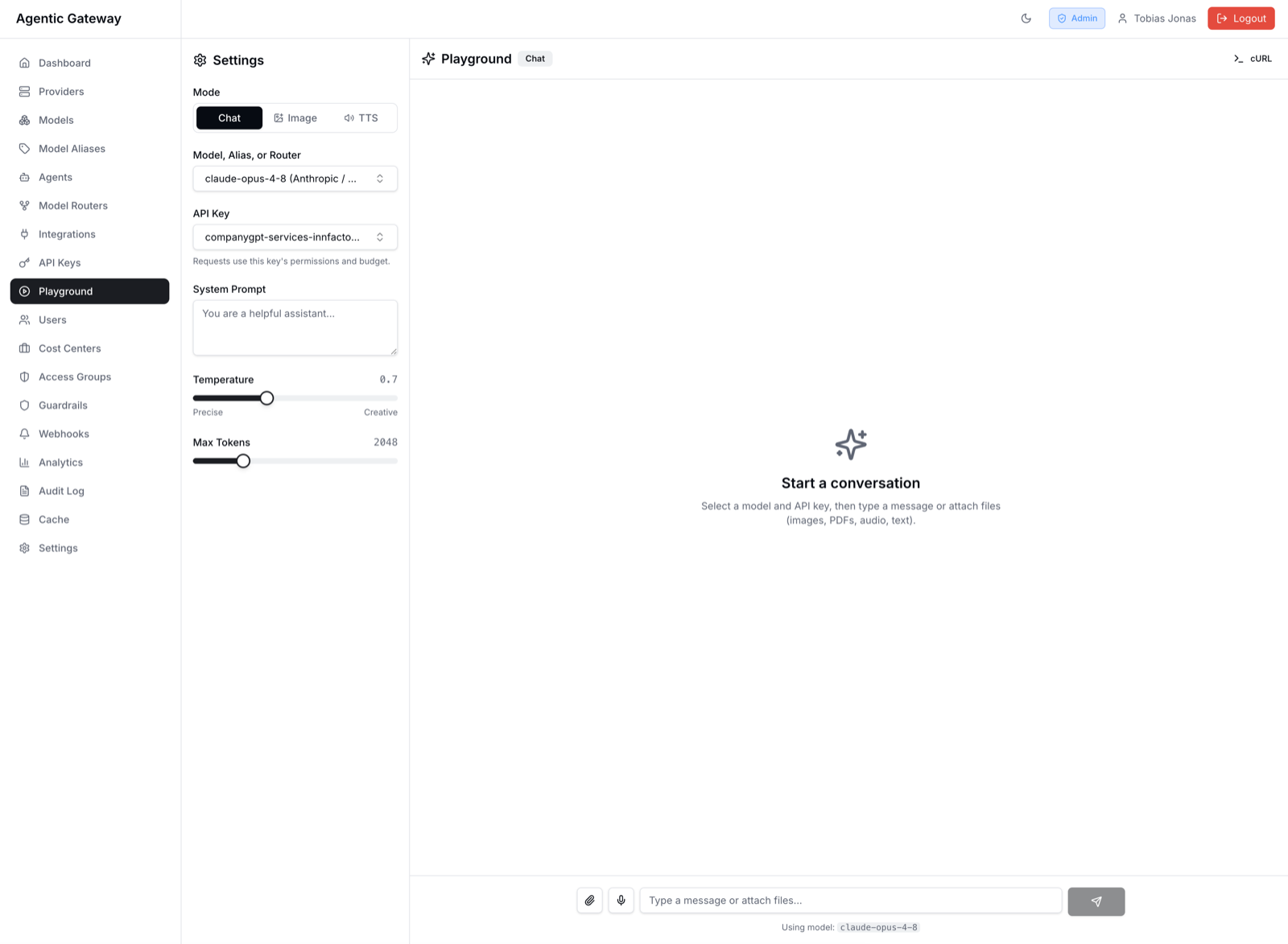 AI Gateway Playground - Modell, Alias oder Router mit einem API-Key direkt testen