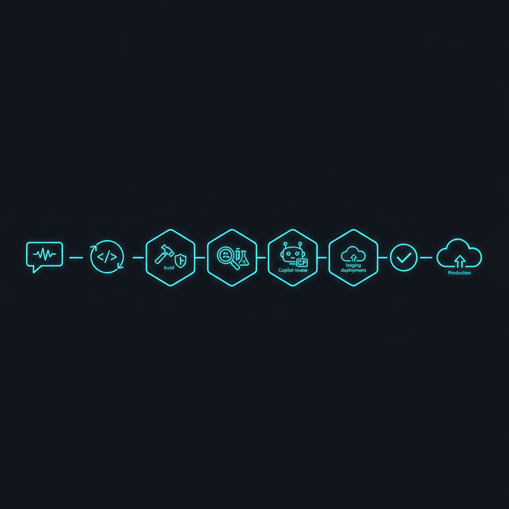 CI/CD-Pipeline für Vibe-Coding-Apps mit Build, Security Scan, KI-Review, Staging und manueller Freigabe vor dem Produktiv-Deployment