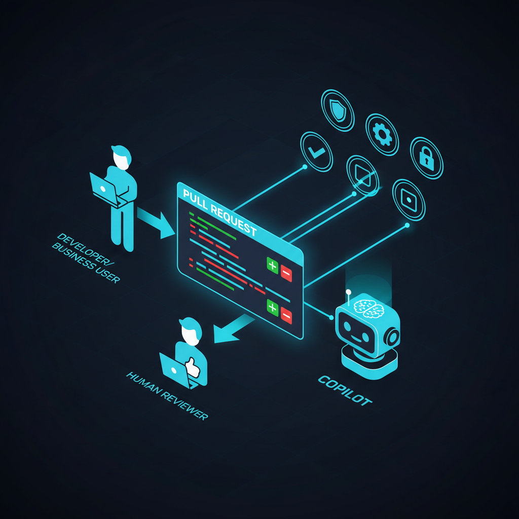 GitHub Copilot als KI-Reviewer im Pull-Request-Workflow mit Security-, Quality-, Test- und Compliance-Skills, ergänzt durch finale menschliche Freigabe