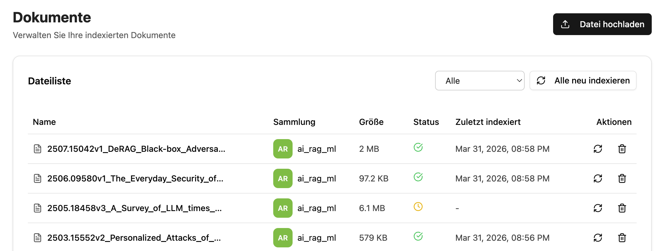 companyRAG – Document overview with indexing status
