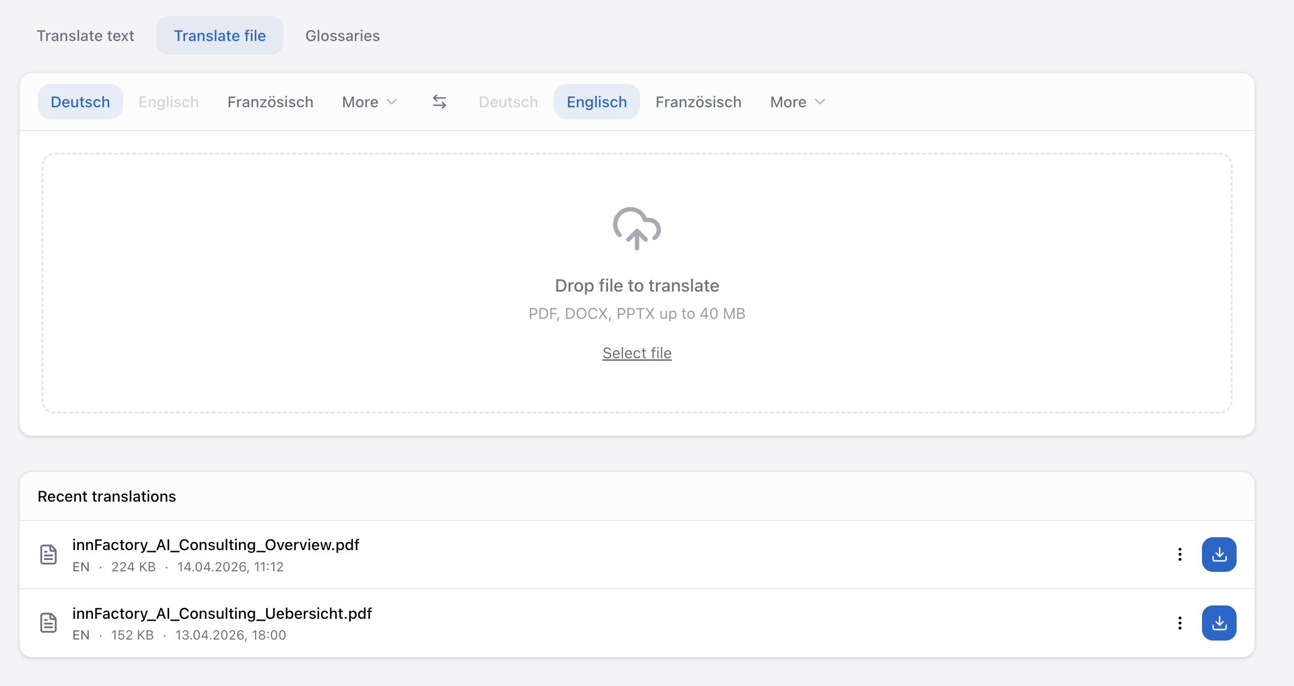 companyTRANSLATE – document upload and translation history