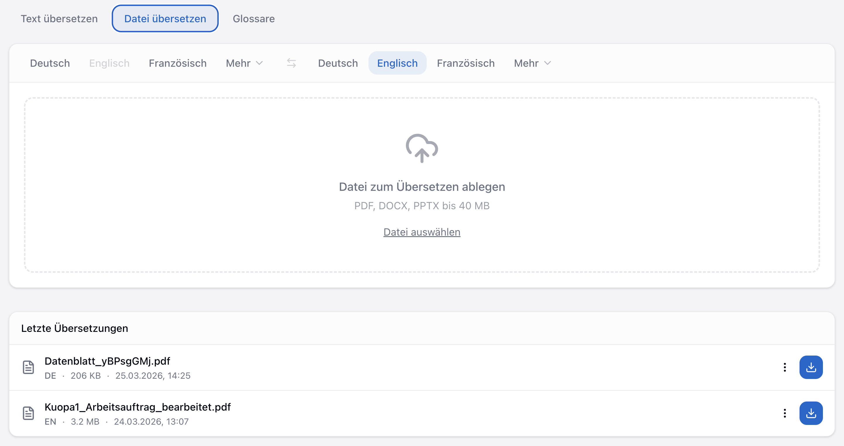companyTRANSLATE – Dokumenten-Upload und Übersetzungsverlauf